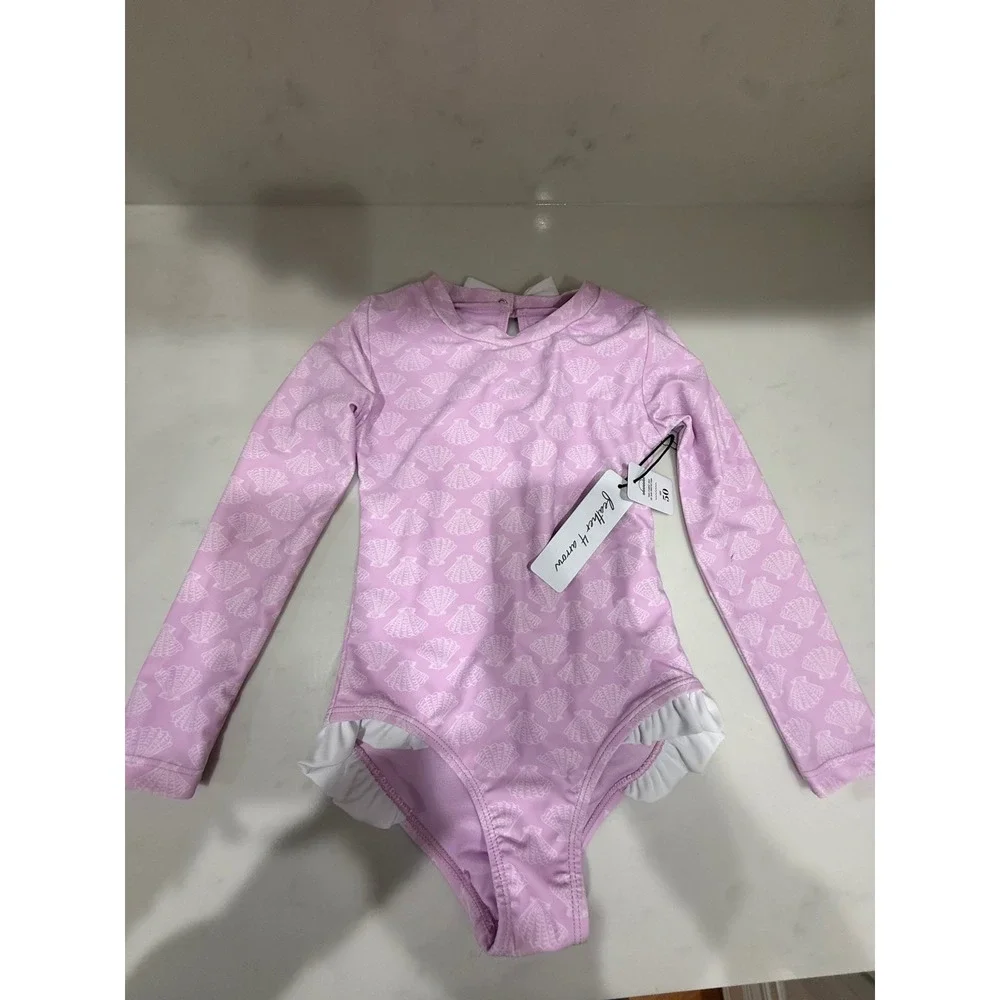 Feather 4 Arrow Girls 4T Pink Seashell Long Sleeve Rash Guard Swimsuit UPF 50+